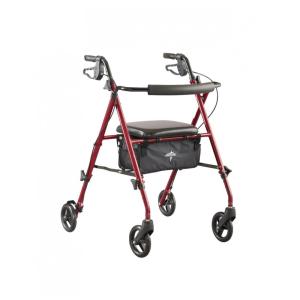 Andador Rollator Alumínio Ultraleve Medline, Vermelho, Suporta até 113 kg, Rodas 15 cm, Braços e Assento Ajustáveis, Dobrável.