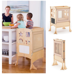 Banqueta Torre de Aprendizagem Dupla Guidecraft Classic Kitchen Helper Natural Madeira Bétula Altura Ajustável Dobrável