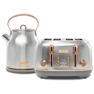 Conjunto torradeira 4 fatias e chaleira elétrica HADEN Heritage inox preta e cromada 1,7L 110V