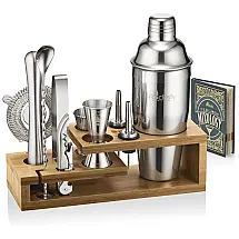 Mixology Kit Bn Profissional 10 Peças em Aço Inoxidável com Suporte e Livro de Receitas, ROCKSLY, Prateado