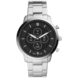 Relógio Smartwatch 45mm com Tela Sensível ao Toque em Aço Inoxidável e Pulseira de Couro com Frequência Cardíaca, FOSSIL, Prateado