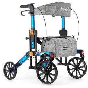Andador Rollator TodoTerreno para Idosos c/ Assento, Encosto, Suporte p/ Bengala, Rodas Dianteiras de 25 cm e Traseiras de 20 cm,FlyingJoy