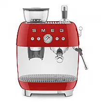 Máquina de espresso semi‑automática Smeg vermelho retrô com moedor integrado, duplo termobloco, porta‑filtro 58 mm e reservatório 2,4L, 110V