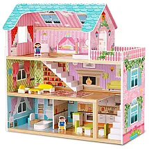 Casa de Bonecas de Madeira com 15 Acessórios e 3 Andares para Crianças a partir de 4 anos, TOOKYLAND, Rosa
