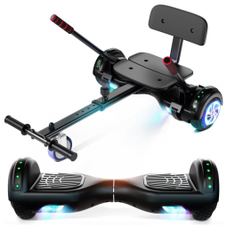 Hoverboard com Assento para Crianças e Adultos, Autoequilíbrio 6,5 e 8,5 polegadas, Bluetooth com Luzes LED Coloridas e Kart Preto