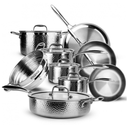 Jogo de Panelas e Frigideiras em Aço Inoxidável Triplo Revestido com Alça e Tampas Penduradas, 14 Peças, Imarku, Prata