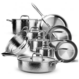 Jogo de Panelas e Frigideiras em Aço Inoxidável Triplo Revestido com Alça e Tampas Penduradas, 14 Peças, Imarku, Prata