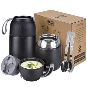 Kit com 2 Frasco Térmico 500mL, 700mL em Aço Inoxidável com Colher, MAXSO, Preto