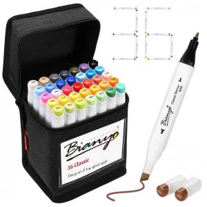 Conjunto de Canetas Artisticas á Base de Álcool 36 Cores com Estojo de Viagem e Cartão Projetável para Colorir, Bianyo