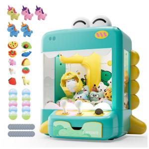 Máquina de Garra Dinossauro Verde e Amarelo Skirfy – Mini Vending Machine Infantil com 45 Brinquedos, Luzes LED, Música e Desafio de 60