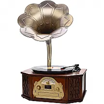 Toca discos portátil retrô com esteira giratória, design retrô de gramofone, gravador de subwoofer independente embutido
