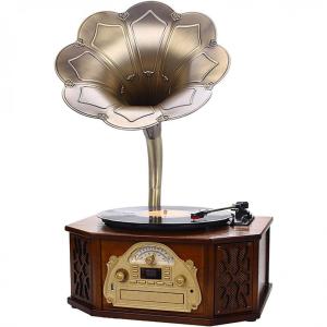 Toca discos portátil retrô com esteira giratória, design retrô de gramofone, gravador de subwoofer independente embutido