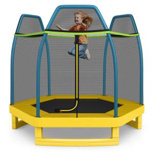 Giantex Cama Elastica Infantil com Diâmetro e Rede de Proteção para até 100 kg, Amarelo, Verde