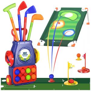 Conjunto de Tacos de Golfe Infantil com 8 Bolas, Tapete e Carrinho com Rodas, QDRAGON, Azul