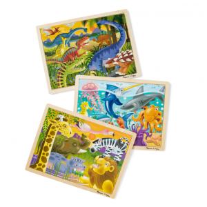 3 Quebra Cabeça Infantil de Madeira, Temas Dinossauro, Safari e Oceano para Crianças Acima de 3 Anos, Melissa & Doug