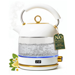 Chaleira elétrica STYLED SETTINGS vidro branco e dourado 1,7L 1500W controle de temperatura sem plástico em contato com a água 110V