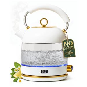 Chaleira elétrica STYLED SETTINGS vidro branco e dourado 1,7L 1500W controle de temperatura sem plástico em contato com a água 110V