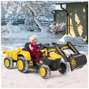 Trator Elétrico Infantil 1 Assento com Controle Remoto, Reboque, Escavadeira, Buzina e Luzes, 12V, MELLCOM, Amarelo