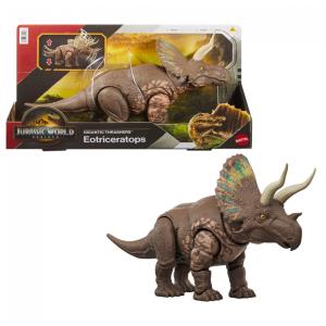 Dinossauro articulado Mattel Jurassic World Rebirth Gigantic Thrashers Eotriceratops com dois ataques pela cauda e integração digital via