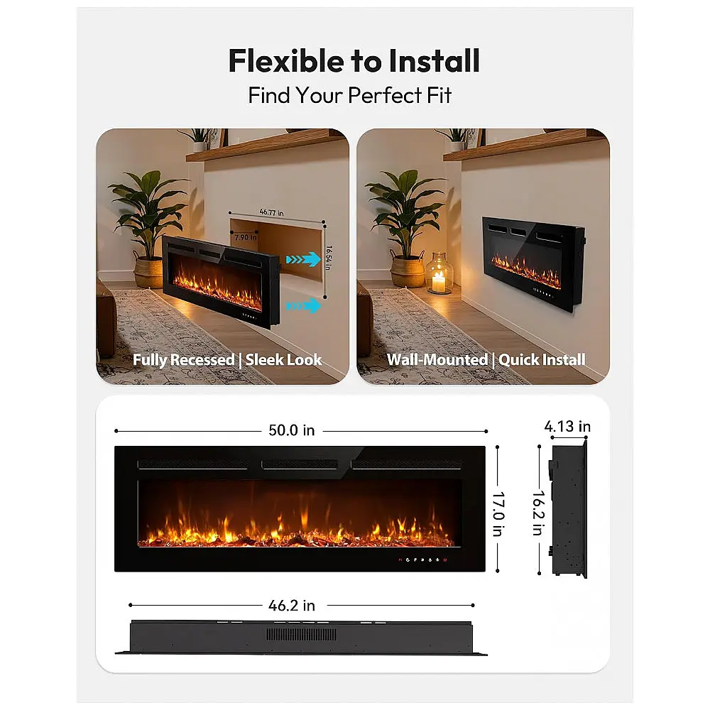 Lareira Elétrica EUHOMY XEFL-50 de Embutir e Parede 127 cm 750/1500 W Efeito Chama LED Uso Interno — foto 3