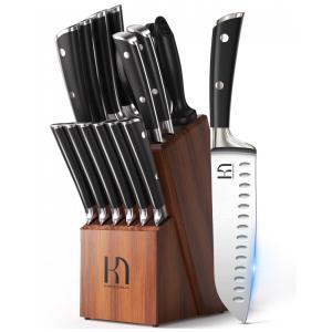 Conjunto de Facas com Bloco de Bancada, Afiador Embutido e Cabo Ergonômico, 15 Peças, KnifeSaga, Preta