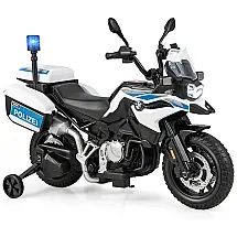 Moto Elétrica Infantil 1 Assento com Rodas de Treinamento, Luz de Sirene, MP3 e USB, 12V, Costzon BMW, Branca e Azul
