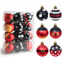 Conjunto de 24 Enfeites de Natal em Forma de Bolas, 60mm, Vermelho e Preto, de Plástico Resistente a Quebras, para Decorar Árvore de Natal