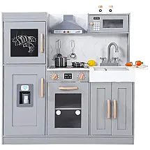 Cozinha Infantil em Madeira com 20 Acessórios, Máquina de Gelo, Micro-Ondas, Forno, Exaustor, Pia, Luzes e Sons Realistas, Bophy, Cinza