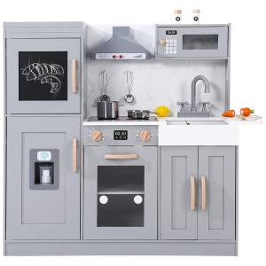 Cozinha Infantil em Madeira com 20 Acessórios, Máquina de Gelo, Micro-Ondas, Forno, Exaustor, Pia, Luzes e Sons Realistas, Bophy, Cinza
