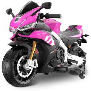 Moto Elétrica Infantil Letsgoride Aprilia RSV4 24V Rosa e Preta com Rodinhas de Treinamento, Farol, Música e USB 200W