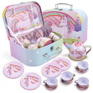 Jogo de Chá Infantil 14 Peças com Tema de Unicórnio e Maleta de Transporte para Crianças Acima de 3 Anos, JOYIN, Rosa