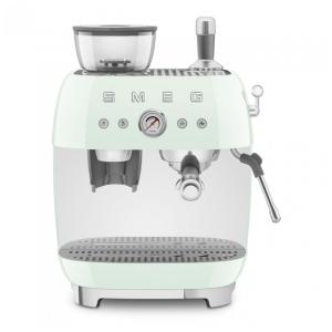 Máquina de espresso semi‑automática Smeg verde pastel retrô com moedor integrado, duplo termobloco, porta‑filtro 58 mm e reservatório 2,4L
