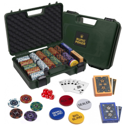Maleta de Poker 300 Peças Resistente a Choques, Fichas em Argila Numeradas 14g, RUNIC, Verde