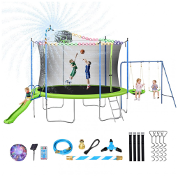 Cama Elastica Capacidade até 10 kg com Cesta de Basquete, Balanço, Escorregador, Luz LED e Jato de Água Kids, Lyromix, Verde