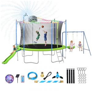Cama Elastica Capacidade até 10 kg com Cesta de Basquete, Balanço, Escorregador, Luz LED e Jato de Água Kids, Lyromix, Verde