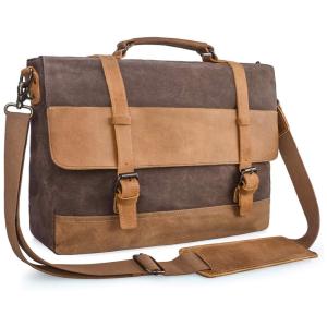Bolsa, Pasta de Couro e Lona para Laptop Vintage, NEWHEY 23081, Marrom