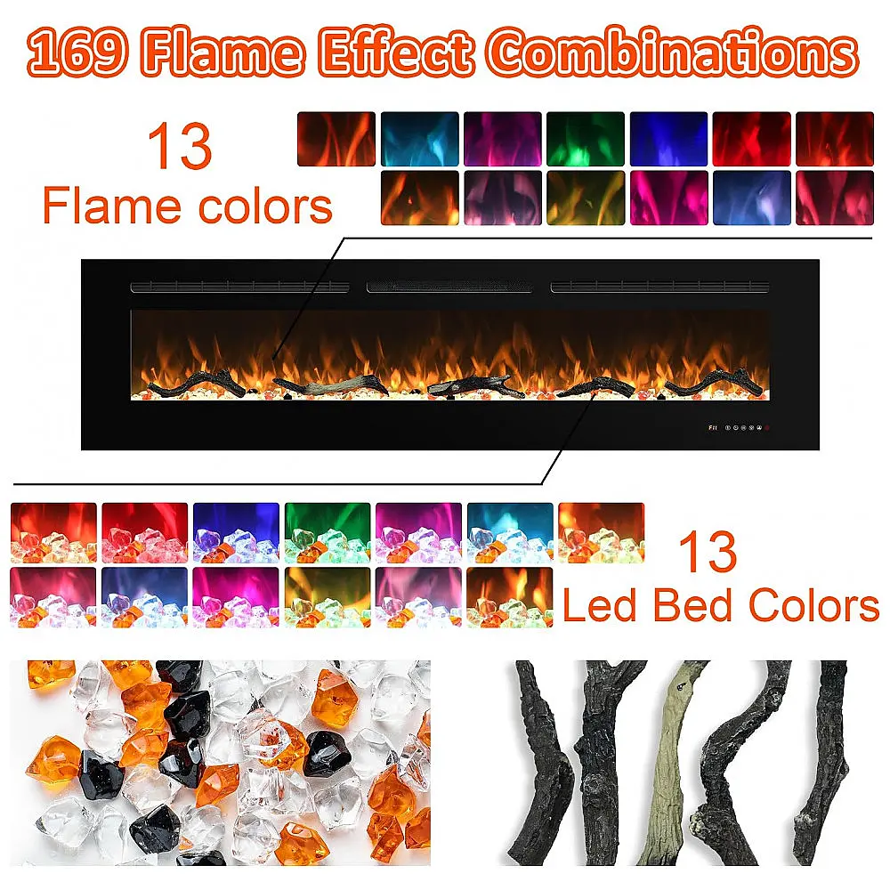 Lareira Elétrica de Embutir A45x182L Digital, Luz LED, Chamas Multicolorida e Temporizador, 1500W, 110v, OXHARK FLAME, Preto — foto 2