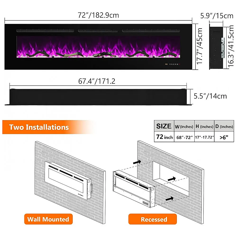 Lareira Elétrica de Embutir A45x182L Digital, Luz LED, Chamas Multicolorida e Temporizador, 1500W, 110v, OXHARK FLAME, Preto — foto 3