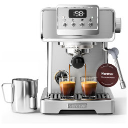 Máquina de Café Expresso Profissional 15 Bar com Manômetro em Aço inoxidável, 110V 1450W, Neretva, Cinza
