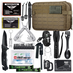 EVERLIT Advanced Emergency Survival Kit Gear Tool First Aid Kit SOS Emergency Tactical Flashlight Blanket Bracelets Compass with Molle Pouch