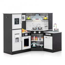Cozinha Infantil Modular em Madeira com Luzes e Sons Realistas para Crianças Acima de 3 Anos, HONEY JOY, Preta
