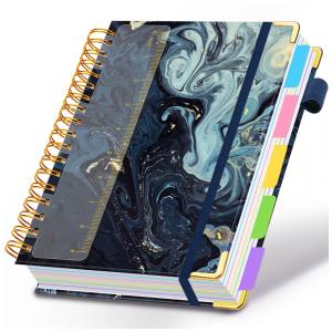 Caderno universitário espiral HDhuiun 8x10, 5 matérias, 300 páginas pautadas, divisórias com bolsos e abas, capa mármore azul marinho