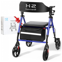 Andador para Idosos Leve com Assento Dobrável, Quadro Azul, Rodas Grandes de 20 cm para Todo Terreno, Altura Ajustável e 4 Rodas Azul