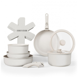 Jogo de Panelas e Frigideiras, Material em Alumínio com 16 Peças e Cabo Removível, Country Kitchen, Losango Creme