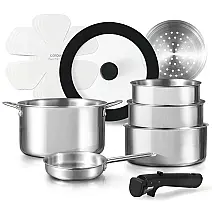 Jogo de Panelas e Frigideiras, Material em Aço Inoxidável com 12 Peças e Cabo Removível, CAROTE, Prata e Preto