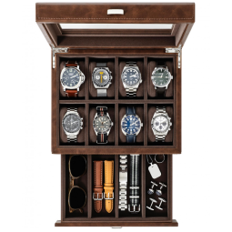 Caixa, Estojo de Couro para Relógios com 12 Compartimentos, TAWBURY, Marrom