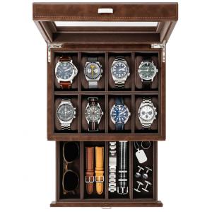 Caixa, Estojo de Couro para Relógios com 12 Compartimentos, TAWBURY, Marrom