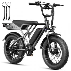 Bicicleta elétrica Jasion RetroVolt cinza névoa, pneus 20x4, motor 750W pico 2000W, bateria 48V 13Ah, 7 marchas, suspensão dupla