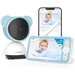 Babá Eletrônica com Câmera 1080P, Controle via Aplicativo, Visão Noturna, Detecção de Som e Movimento, ieGeek, Branca e Azul