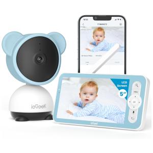 Babá Eletrônica com Câmera 1080P, Controle via Aplicativo, Visão Noturna, Detecção de Som e Movimento, ieGeek, Branca e Azul